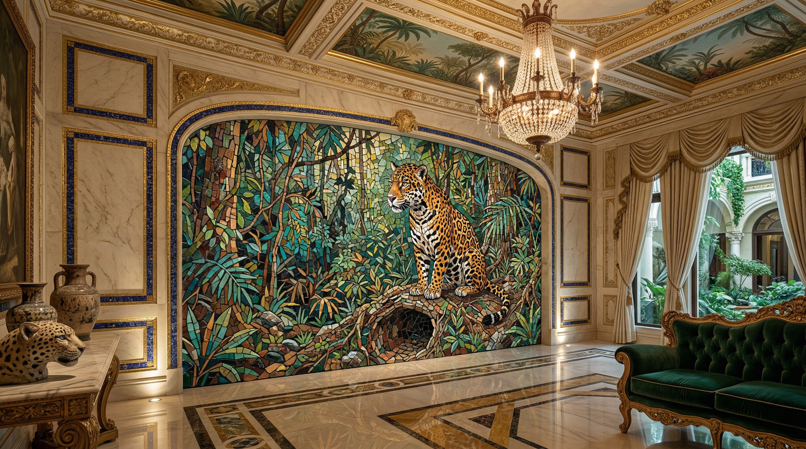 Elegant leopard mosaic artwork in luxurious jungle palace scene