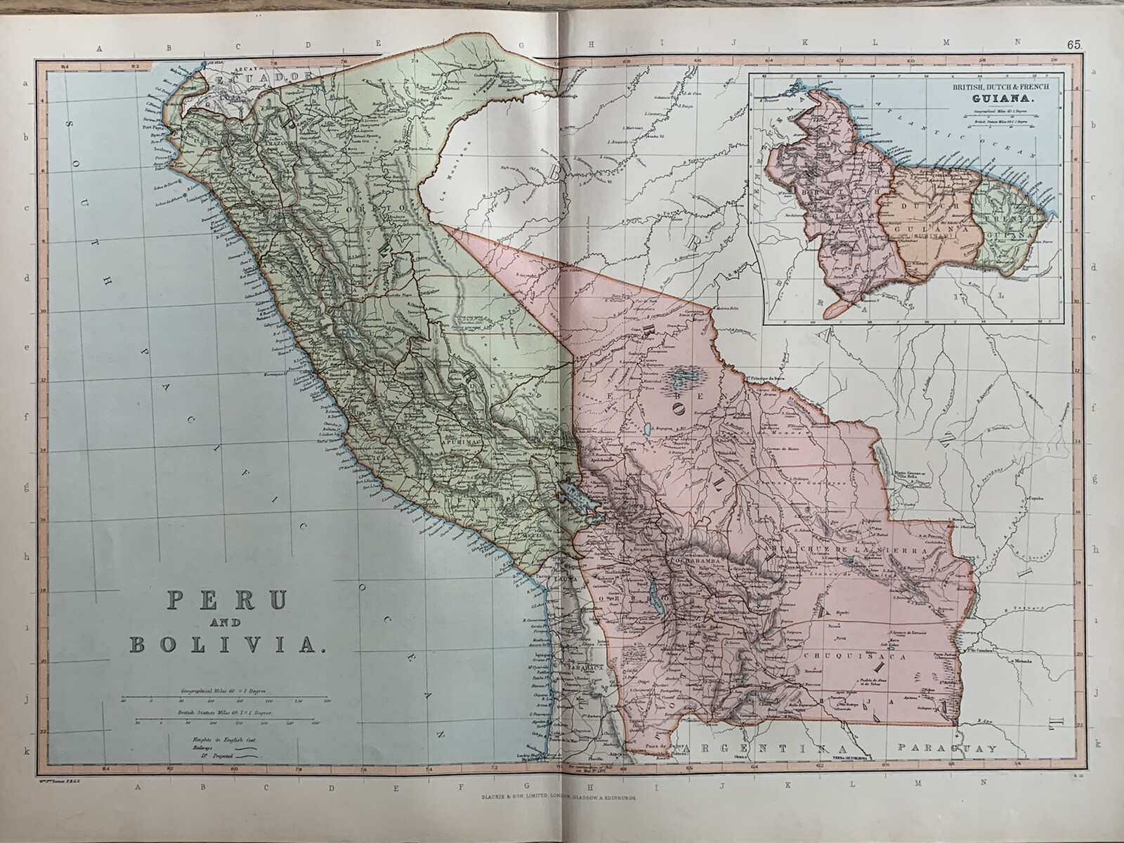 1891 PERU & BOLIVIA ORIGINAL ANTIQUE COLOUR MAP BY W.G. BLACKIE 129 YEARS OLD