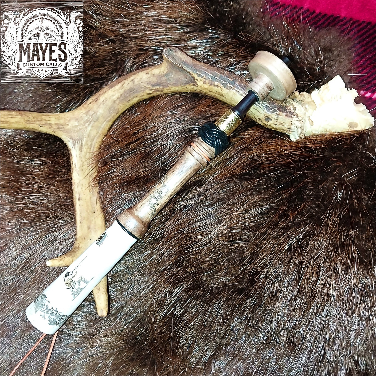 TURKEY CALL "TRUMPET YELPER" ALABAMA WHITE TAIL ANTLER AND TREATED BLACK WALNUT.