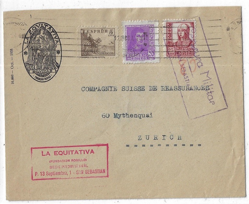Spain: 1938; Cover San Sebastian to Zurich, military censorship, EBESC067
