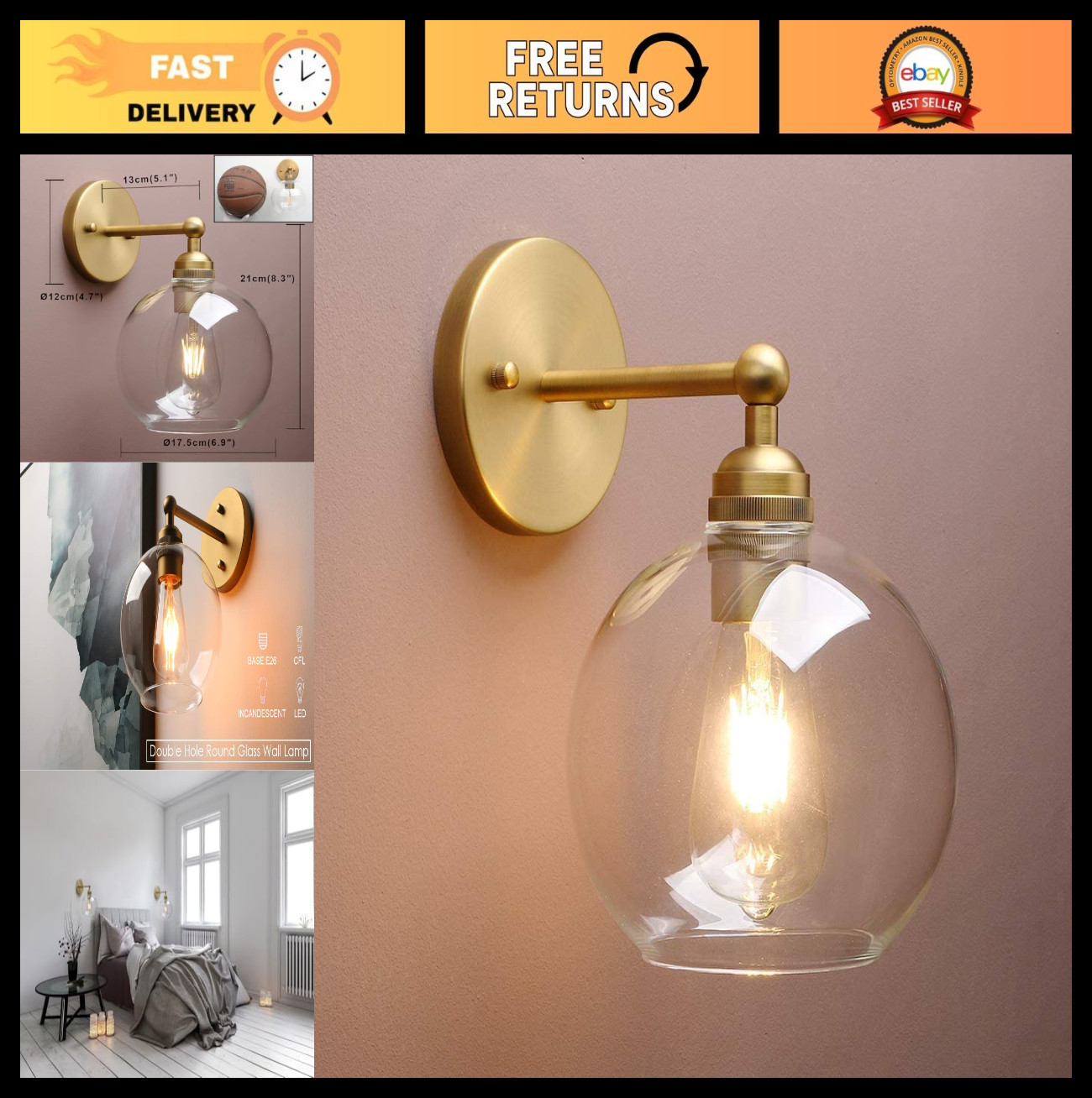 Vintage Gold Brass Boho Wall Sconce - Hardwired Industrial Fixture with Glass La