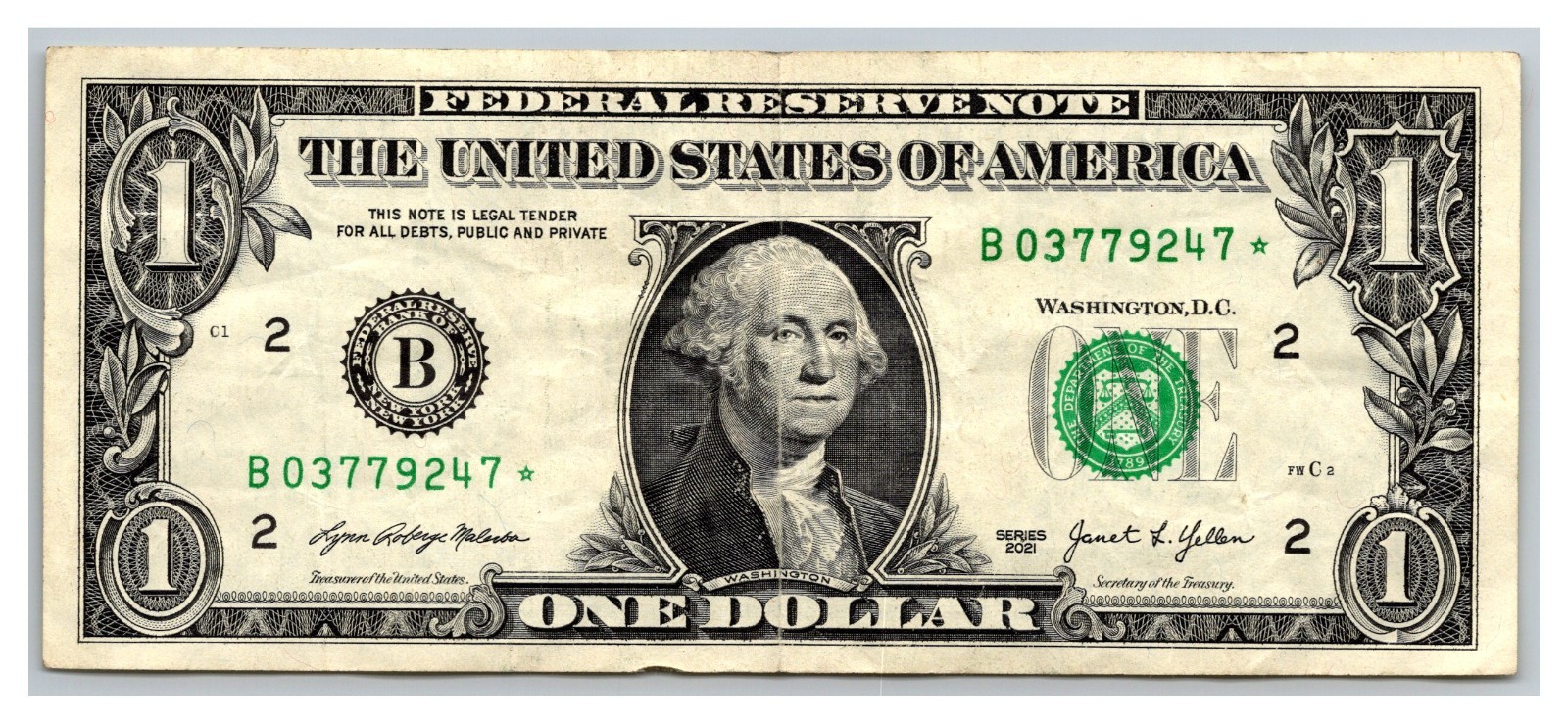 Fancy Serial Number One Dollar Bill Star Note Ser. No. B03779247* Series 2021
