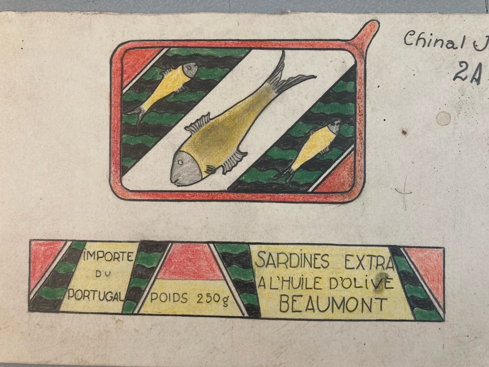 Beau Dessin Crayon Poisson Boîte De Sardine 1950 A Identifier pêche Art Deco