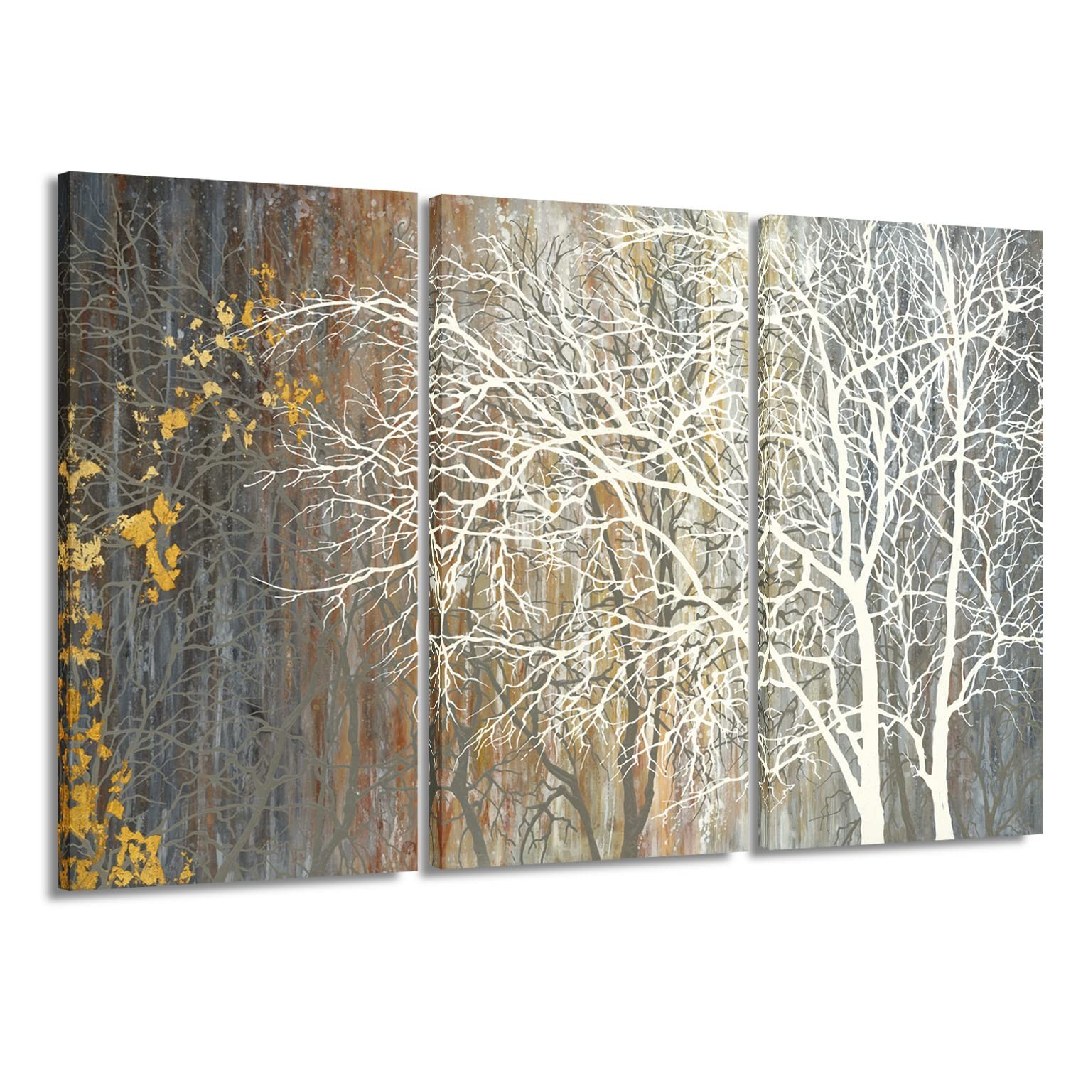 Yihui Arts Brown Canvas Wall Art - Tree Couples Paintings with Gold Foil - 3 ...