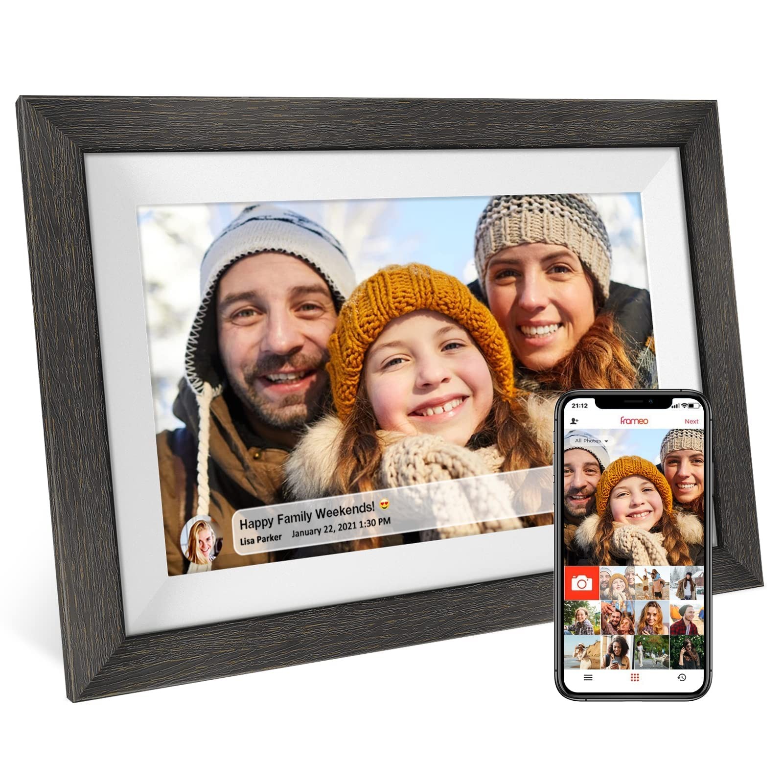 Frameo 10.1 inch Digital Picture Frame WiFi Smart Digital Photo Frame Wood IP...