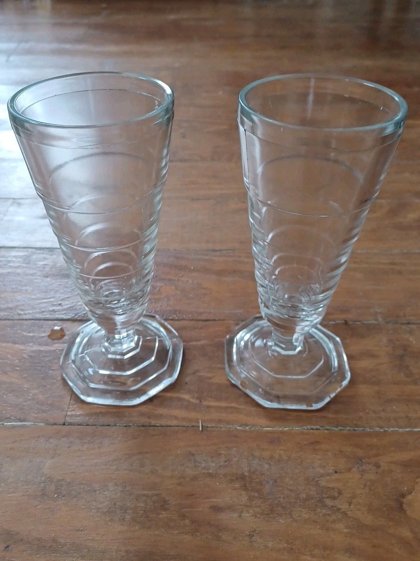 2 vintage Anchor Hocking "Banded Rings" pattern Fountain Shake Drinks footed