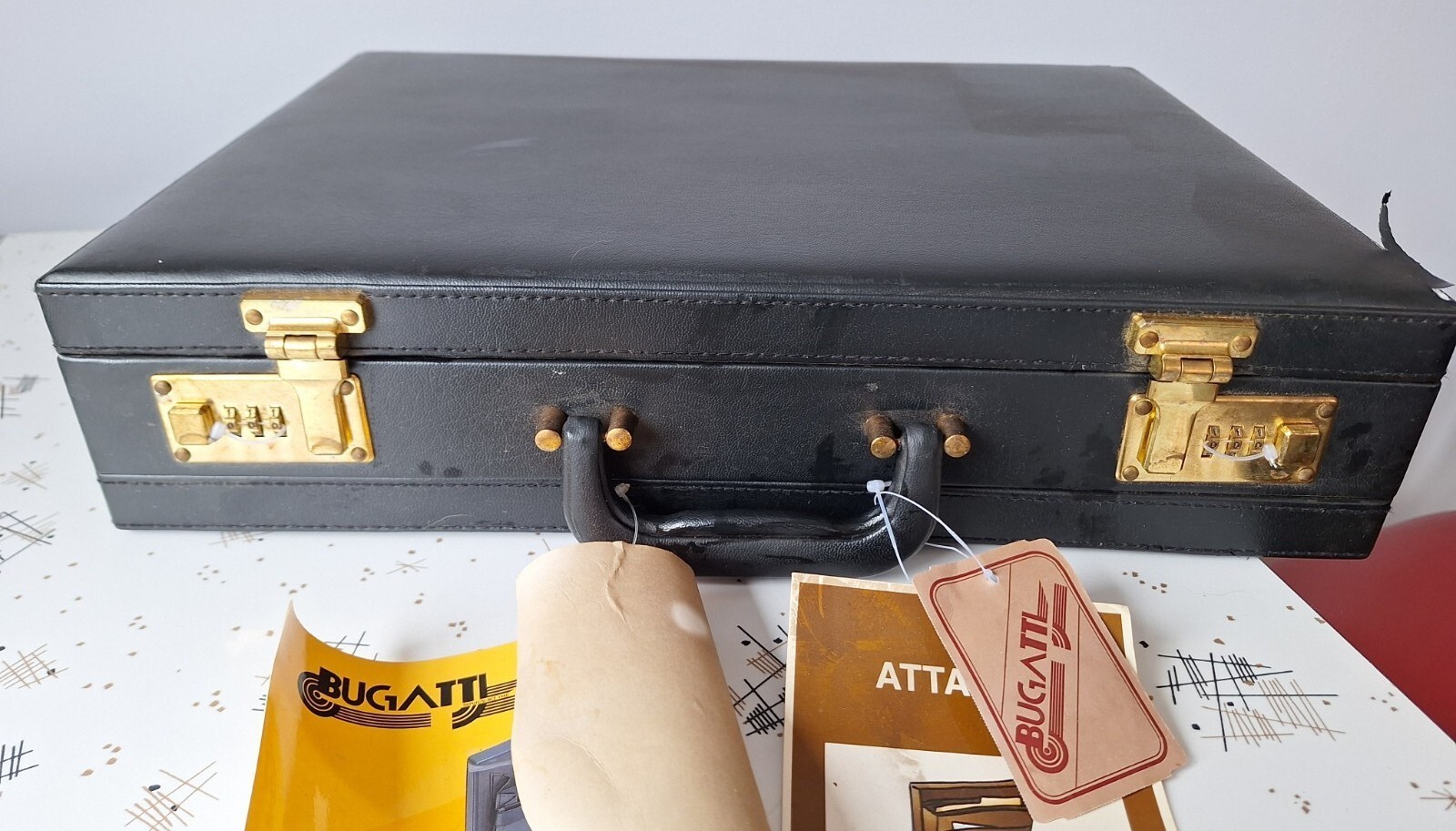 Vintage Bugatti Black Attache Case NOS With Tags 17"X12"X5" AS IS Small Rip