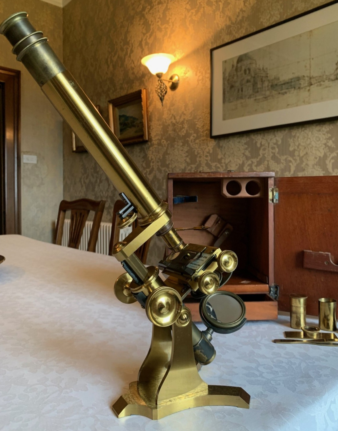 Very Early Antique Watson & Son Bar-limb Brass Microscope c1875 with Fitted Case