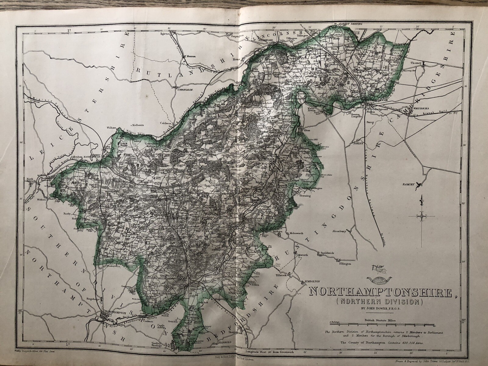 1861 NORTHAMPTONSHIRE (NORTH) HAND COLOURED COUNTY MAP FROM WEEKLY DISPATCH