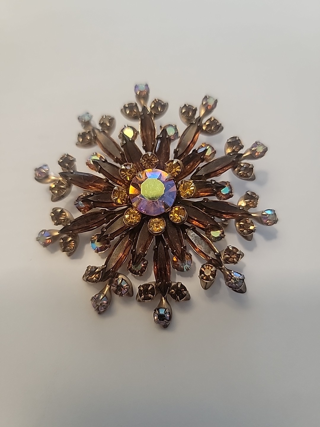 Vintage Starburst Silver Tone Brooch with AB & Brown Rhinestones  1950-1960s