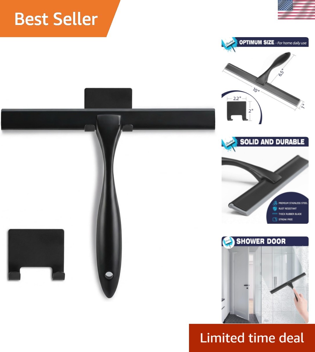 Shower Squeegee, 10-Inch Matte Black Squeegee, All-Purpose Stainless Steel Sq...