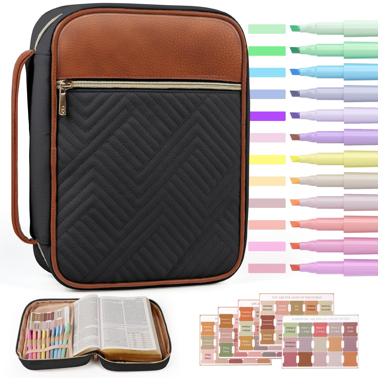 BellaHold Quilted Vegan Leather Bible Cover, Color-Blocked M/L, Black & Brown 