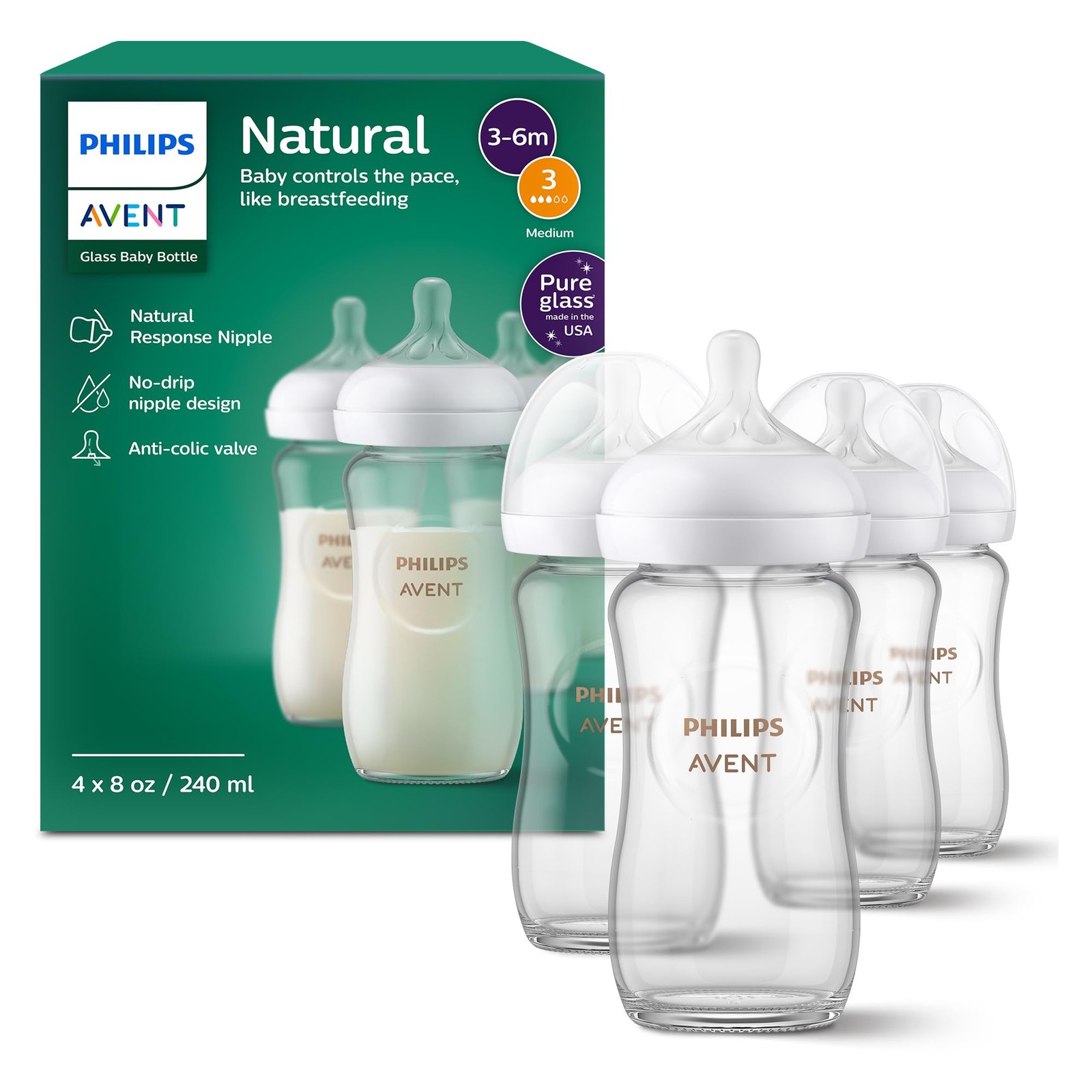 Glass Baby Bottles 8 Oz 4 Pack Natural Response Nipples Philips Avent SCY913