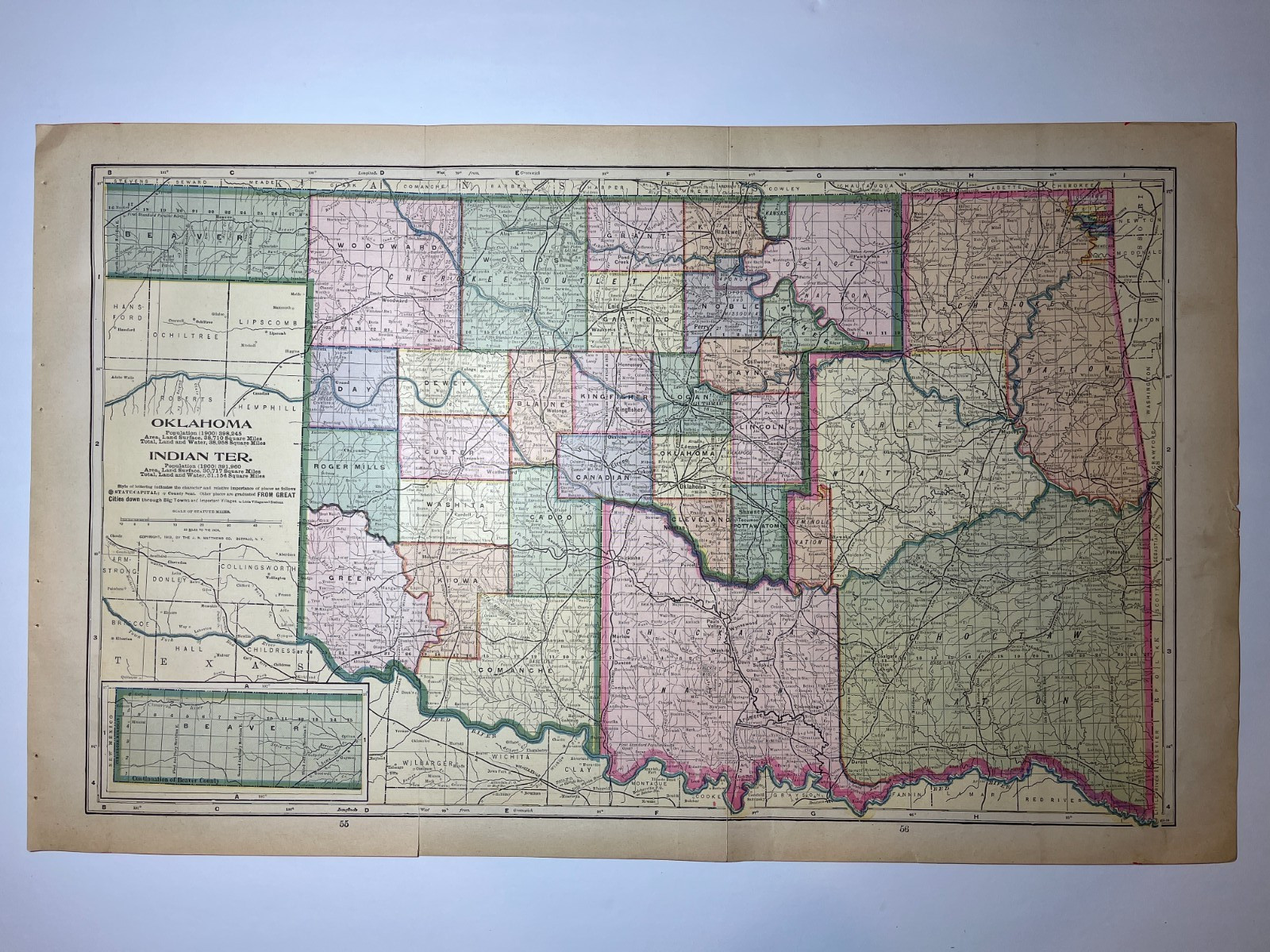 1903 OKLAHOMA & INDIAN TERRITORY Map Fm 1903 Peerless World Atlas SEE DESCRIP
