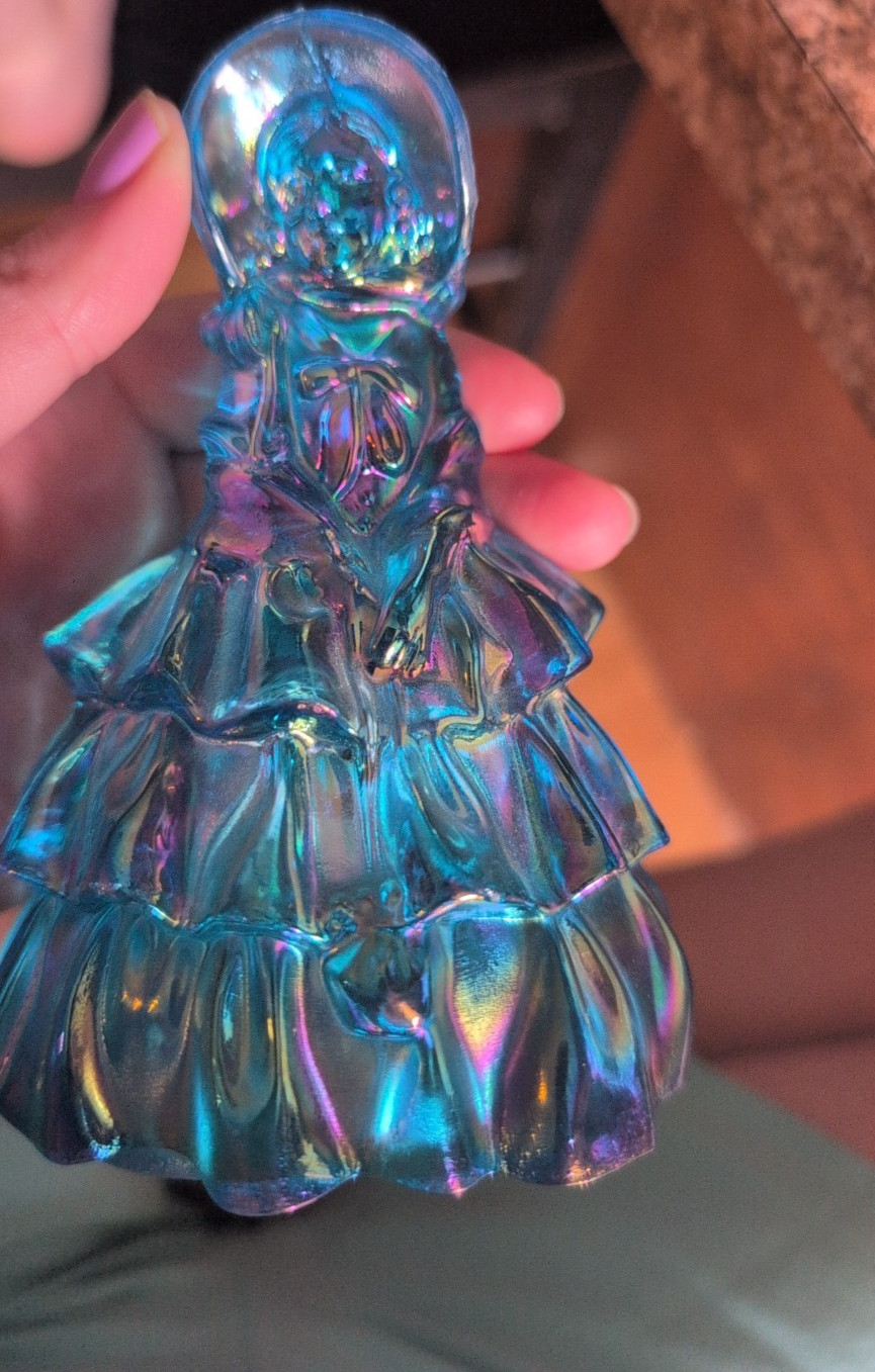 Vintage Carnival Iridescent Aqua Blue Wheaton Southern Belle Art Glass Figurine