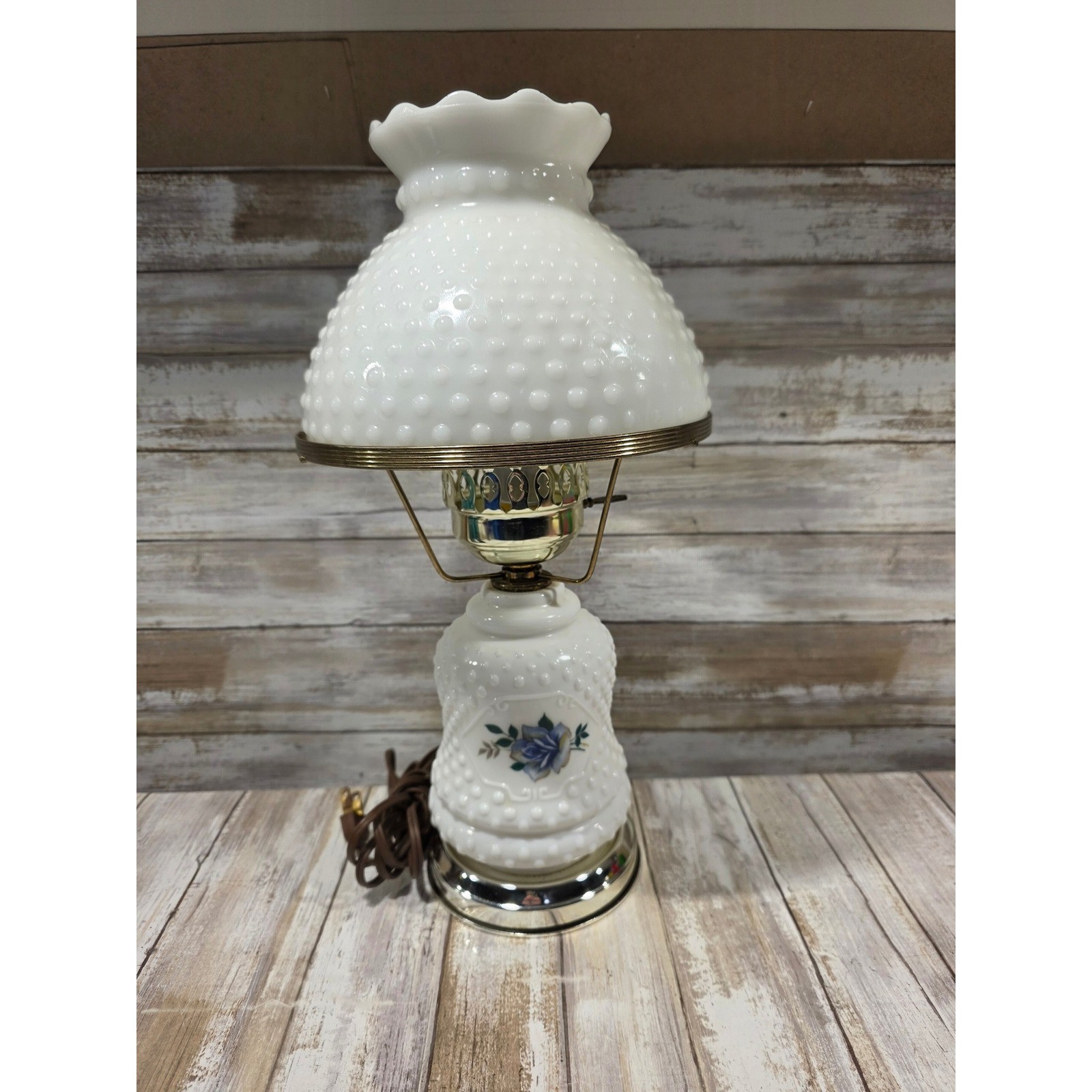 Vintage Milk Glass Hobnail Hurricane Lamp Blue Rose Floral White Ruffled Shade