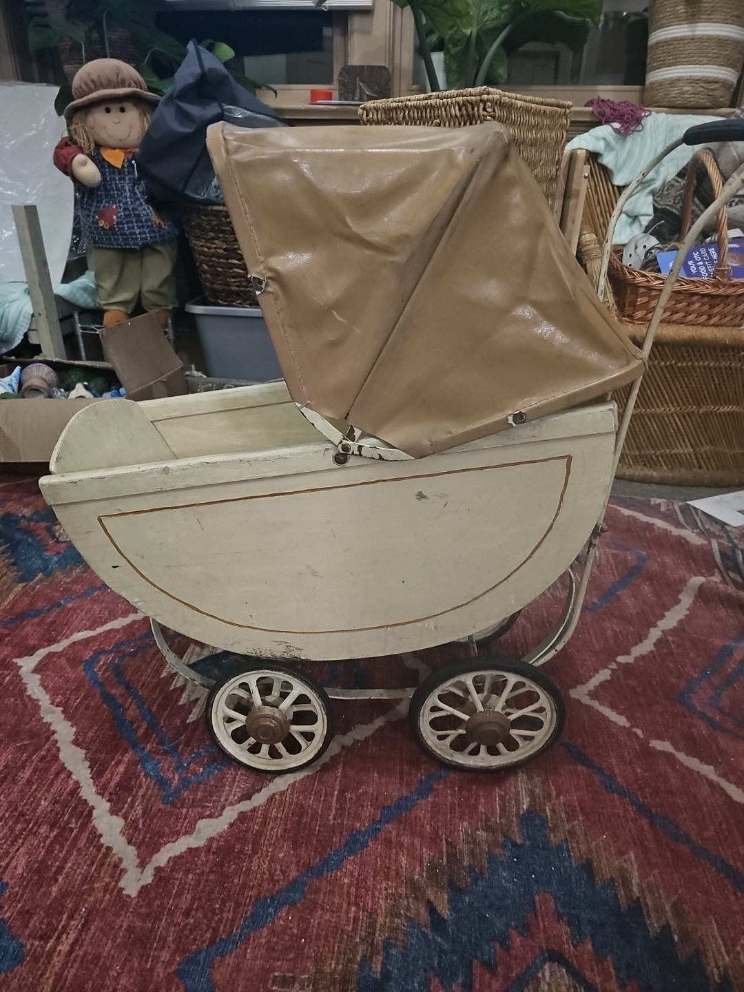 Vintage Doll Pram Stroller with Metal Frame and Foldable Canopy