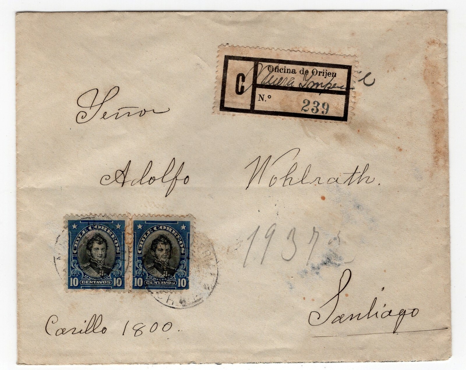 CHILE 1914 Registered cover Nueva Imperial to Santiago O'Higgins 