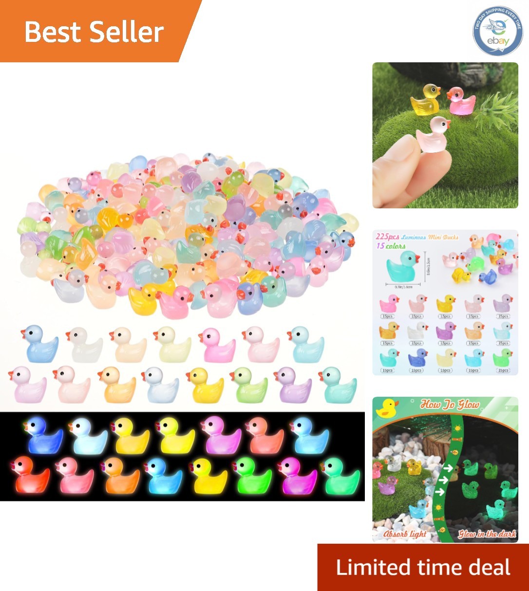 225 Pcs Tiny Resin Ducks - Waterproof Glow-in-the-Dark for Miniature Displays