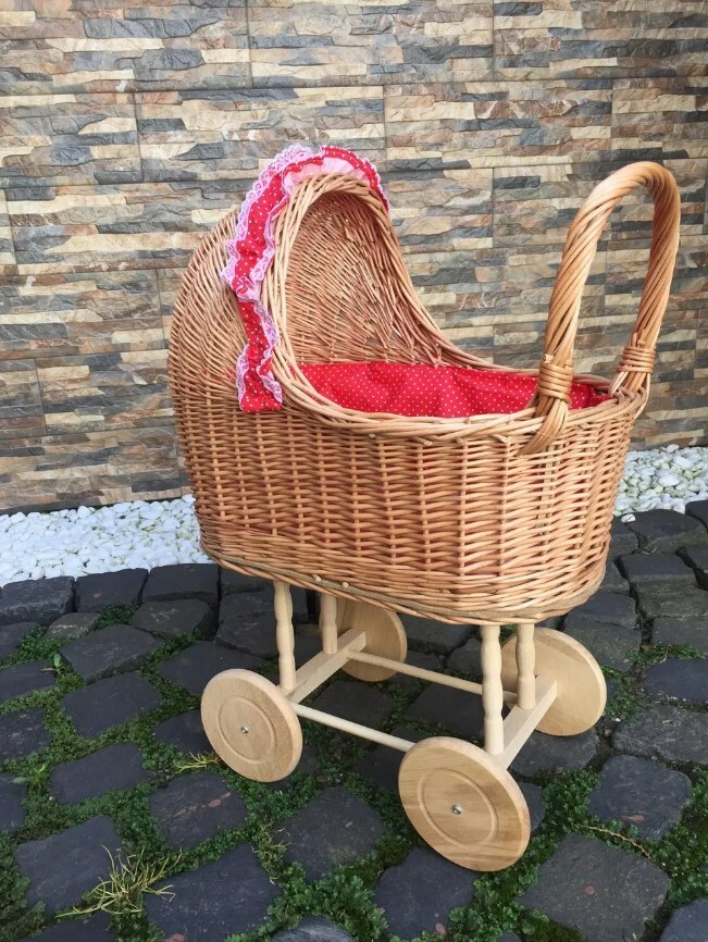 Wicker doll stroller red polka dot lined wicker baby carriage baby stroller