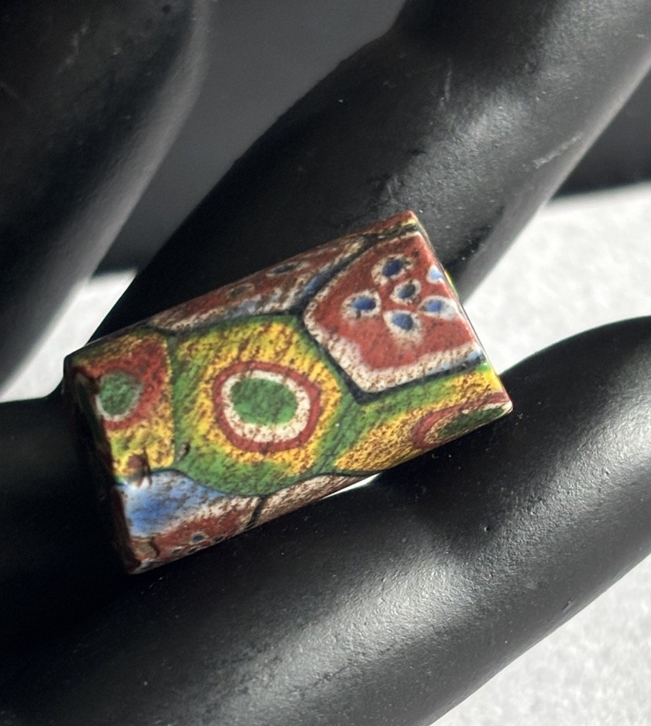 Colorful African Venetian Glass Trade Bead Vintage Tubular Green Yellow Red
