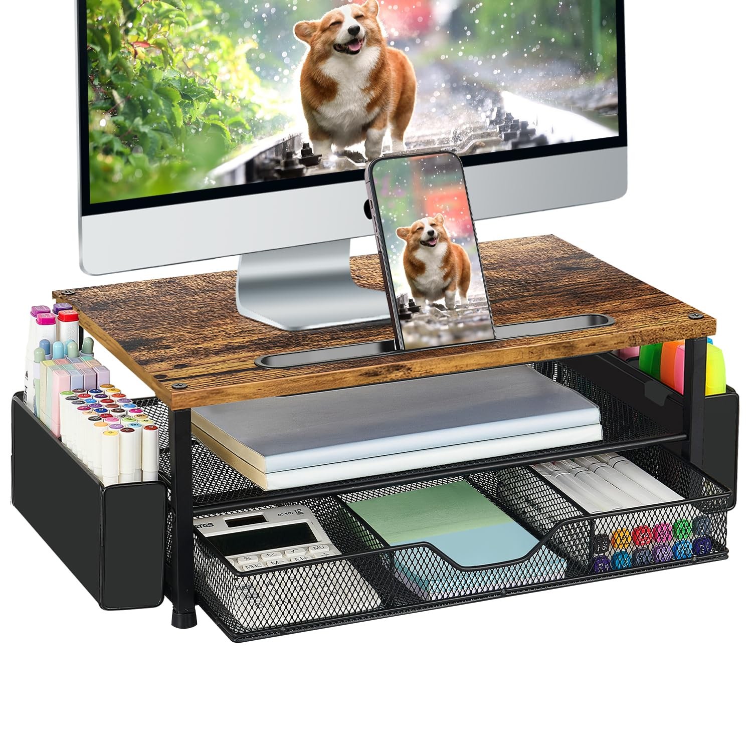 Wood Desk Organizers and Accessories, 2-Tier Computer Monitor Stand Riser wit...