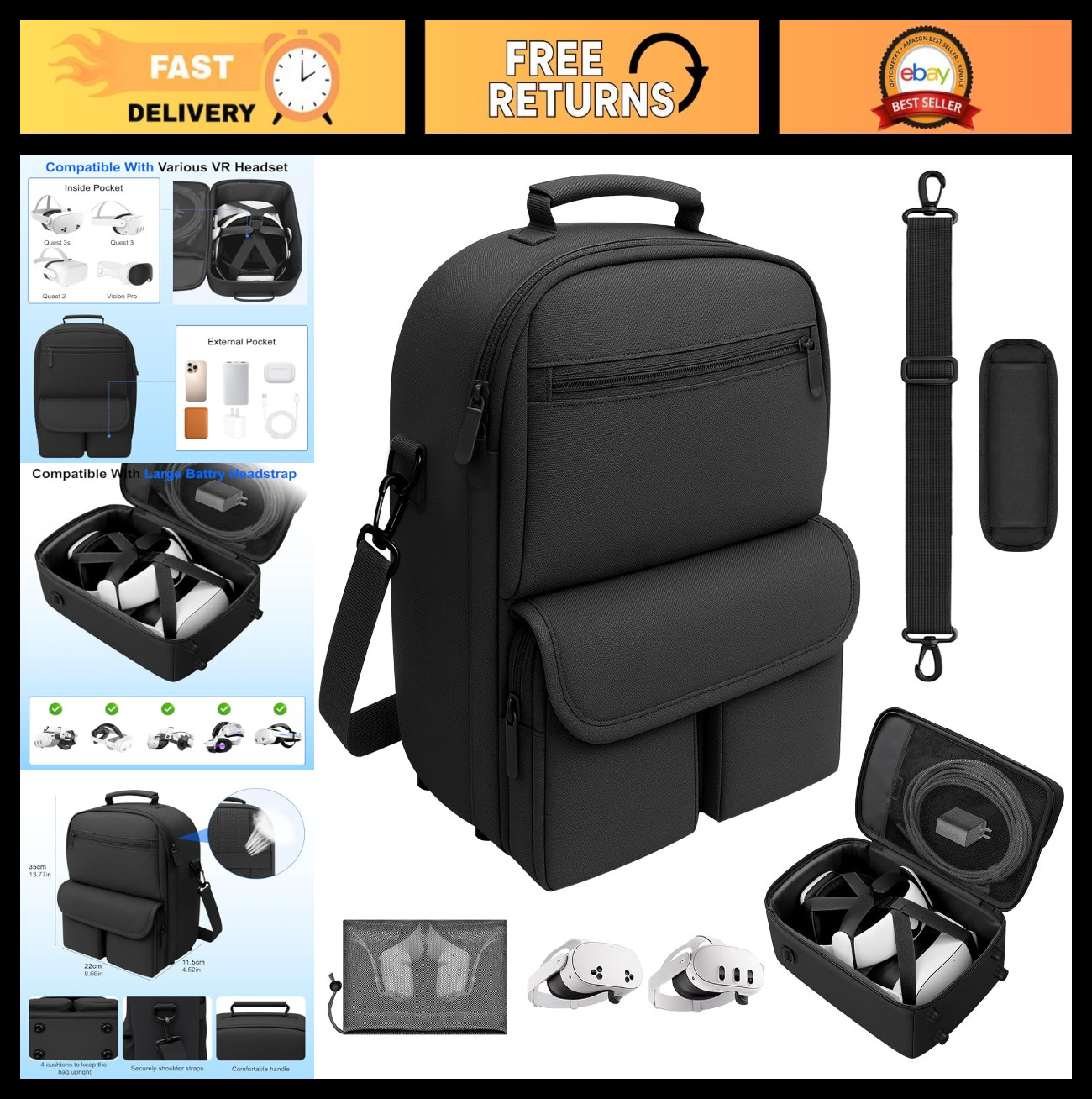 Large VR Carrying Case for Meta Quest 3/2, Waterproof, Drop-Resistant, Travel &