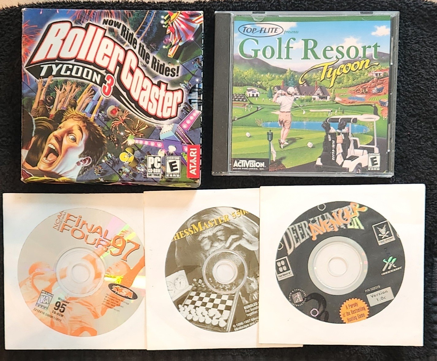 5 PC CD Rom Software Games Lot Golf Roller Coaster Tycoon, Final Four 97, Deer