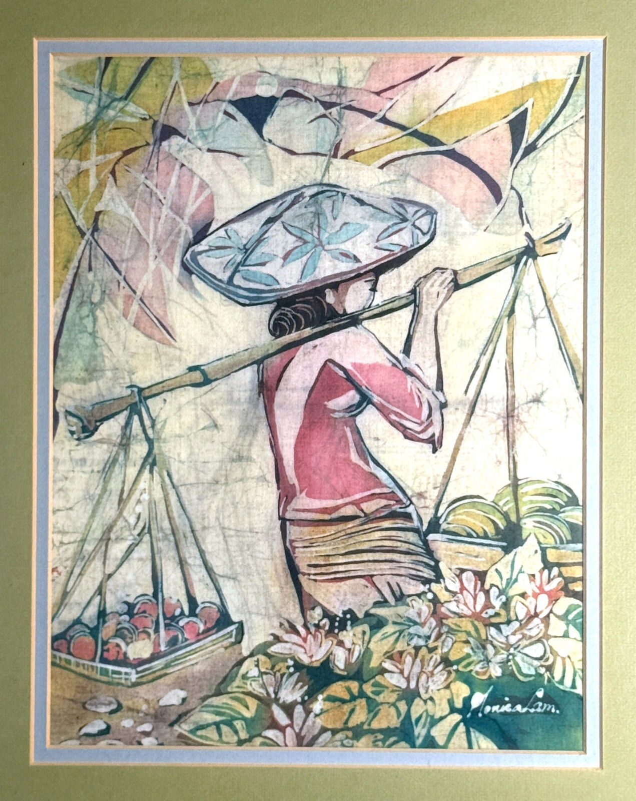 Vintage Batik Art Monica Lam Framed Southeast Asian Market Scene