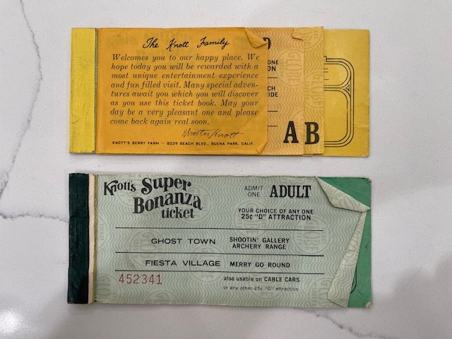 Knotts Berry Farm Tickets 1975 Vintage books 2 B tickets, 1 A ticket, 1 empty