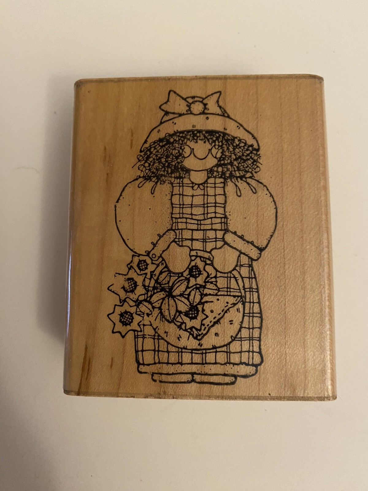 D.O.T.S. Curly Haired Girl Holding Flower Basket Wood Mounted Rubber Stamp RS11