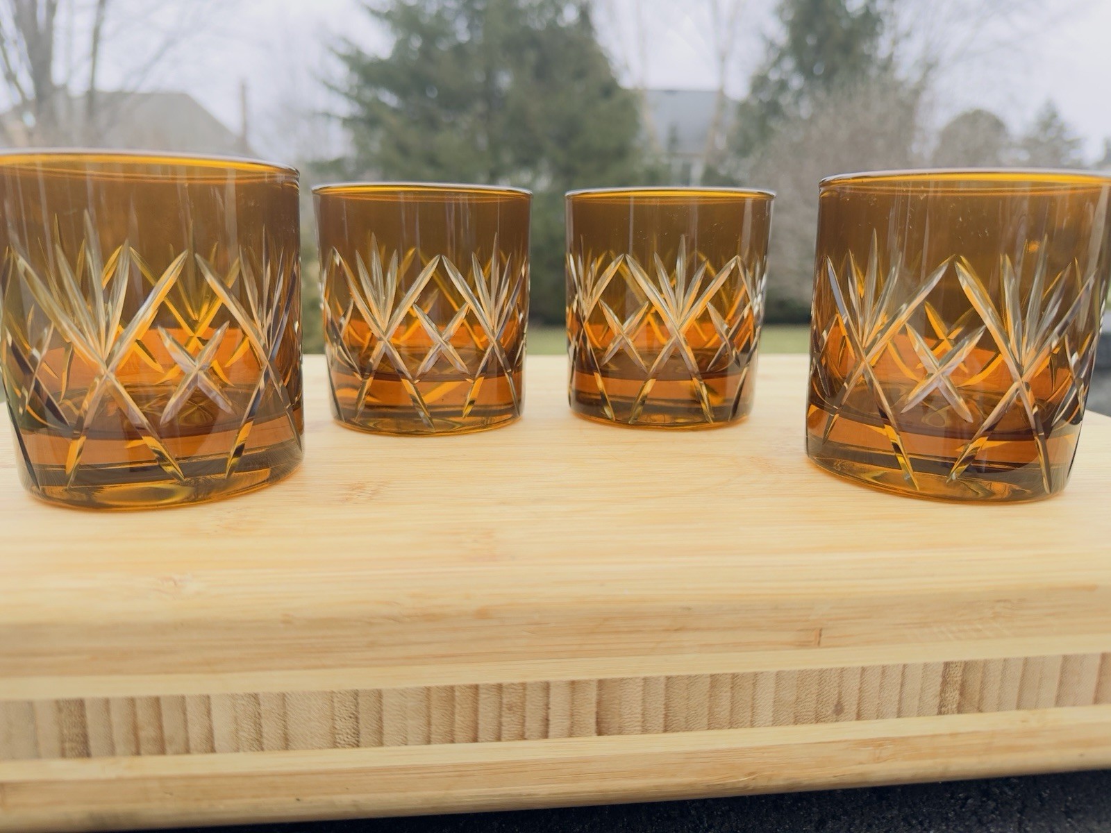 Vintage Style RAKLE Cambridge Amber Cut Glass Old Fashioned Tumblers 3.5”~4 Pc