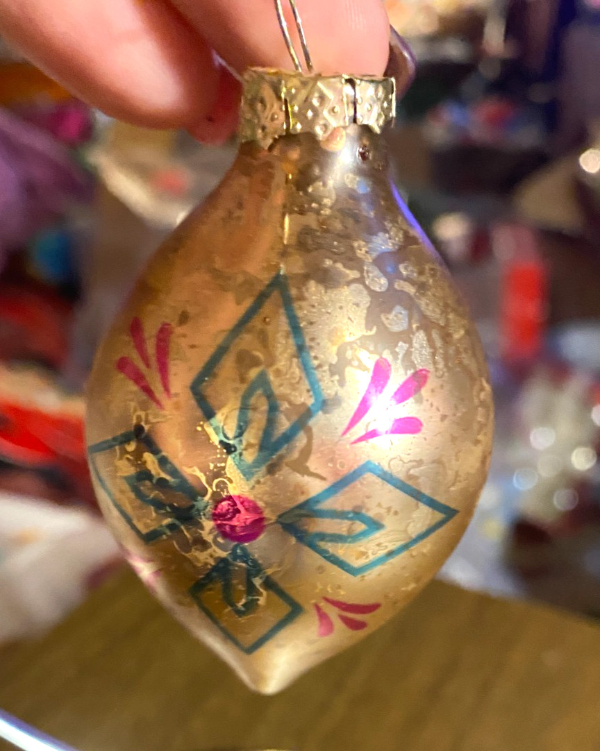 Crackle Gold Multicolor Decor Teardrop Blown Glass Christmas Ornament 3" NOS