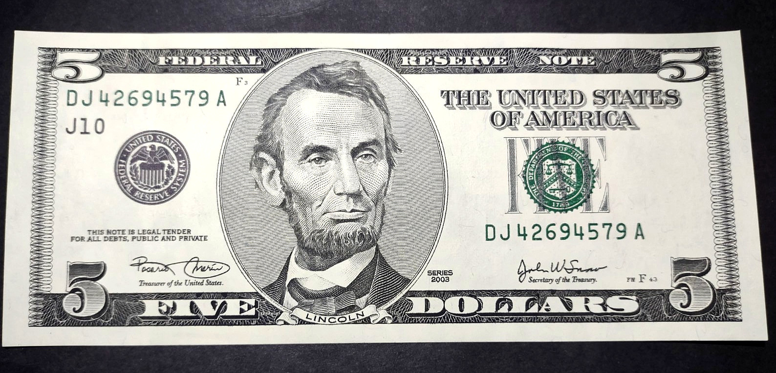 2003 $5 Federal Reserve Bank Note Crispy