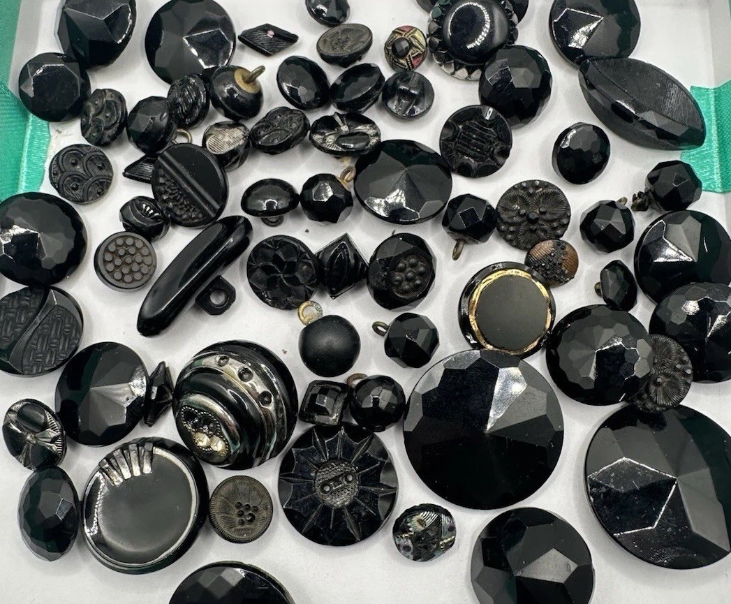 Antique VTG 60+ Black Glass Jet? Mourning Buttons Carved Various Designs Read