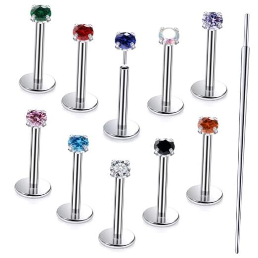 20G 18G 16G Astm F136 Titanium Threadless Flat Back 18G-10MM Bar-CZ 2MM Silver