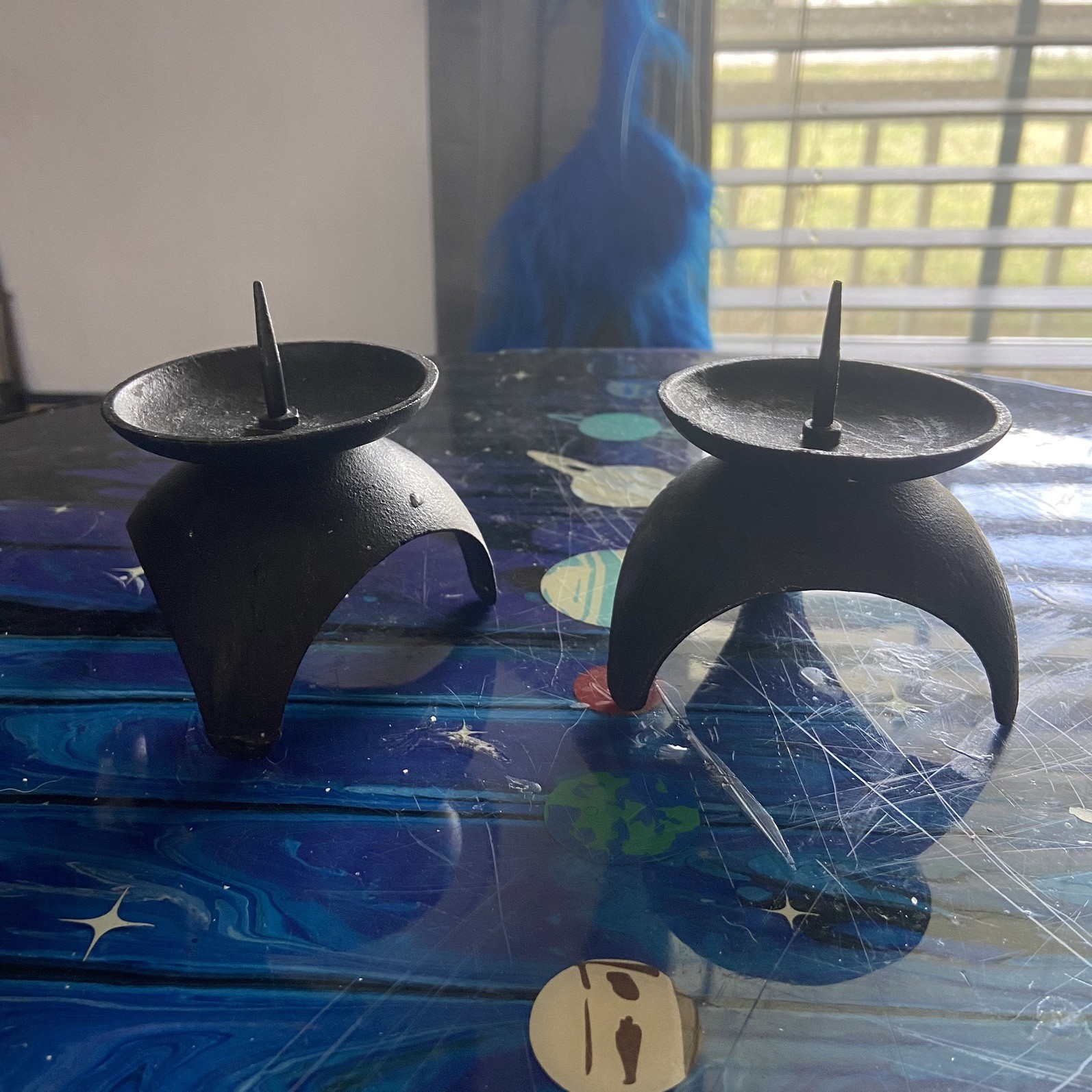 SET OF 2 Vintage MCM JAPAN Black Cast Iron Tripod Candle Holders Atomic Retro 