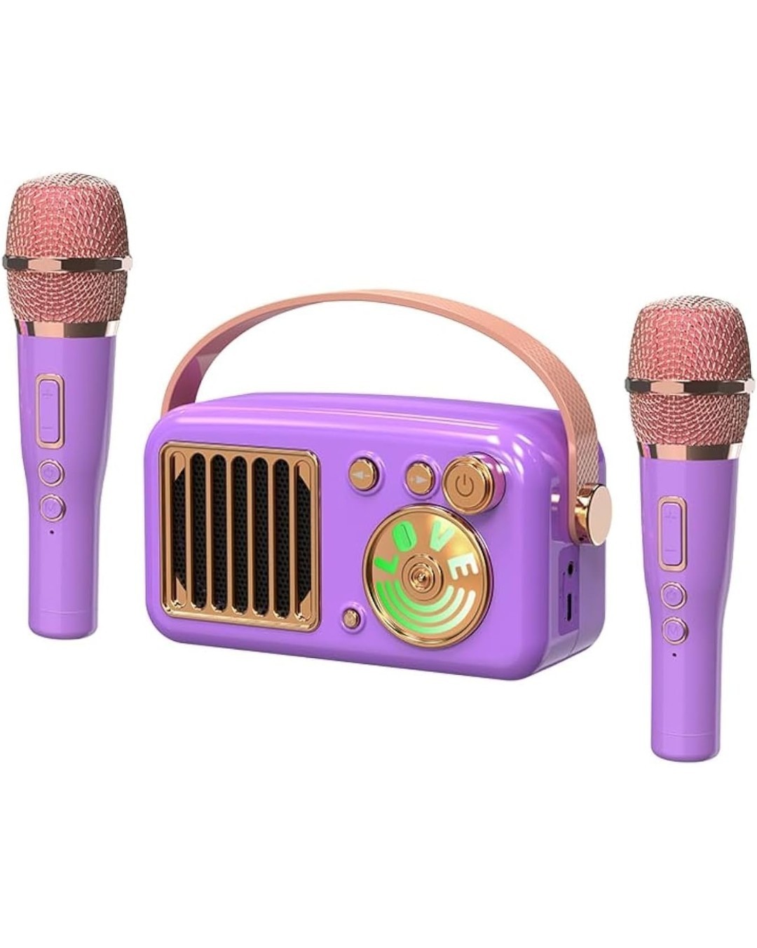 Kids Karaoke Machine Bluetooth Speaker 2 Wireless Mics LED Purple T4