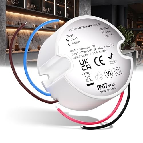 24V LED Power Supply IP67, LED Driver 20W 0.833A, Waterproof 20W 24V 1-Count