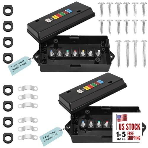2 Set 7 Way Trailer Junction Box Weatherproof 7 Gang Color Coded Solid Studs 