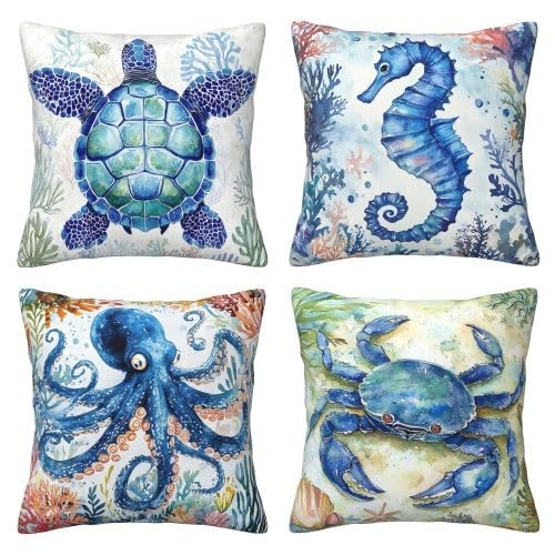 Sea Life Starfish Throw Pillow Covers Set of 4 Decorative Soft Linen Blue