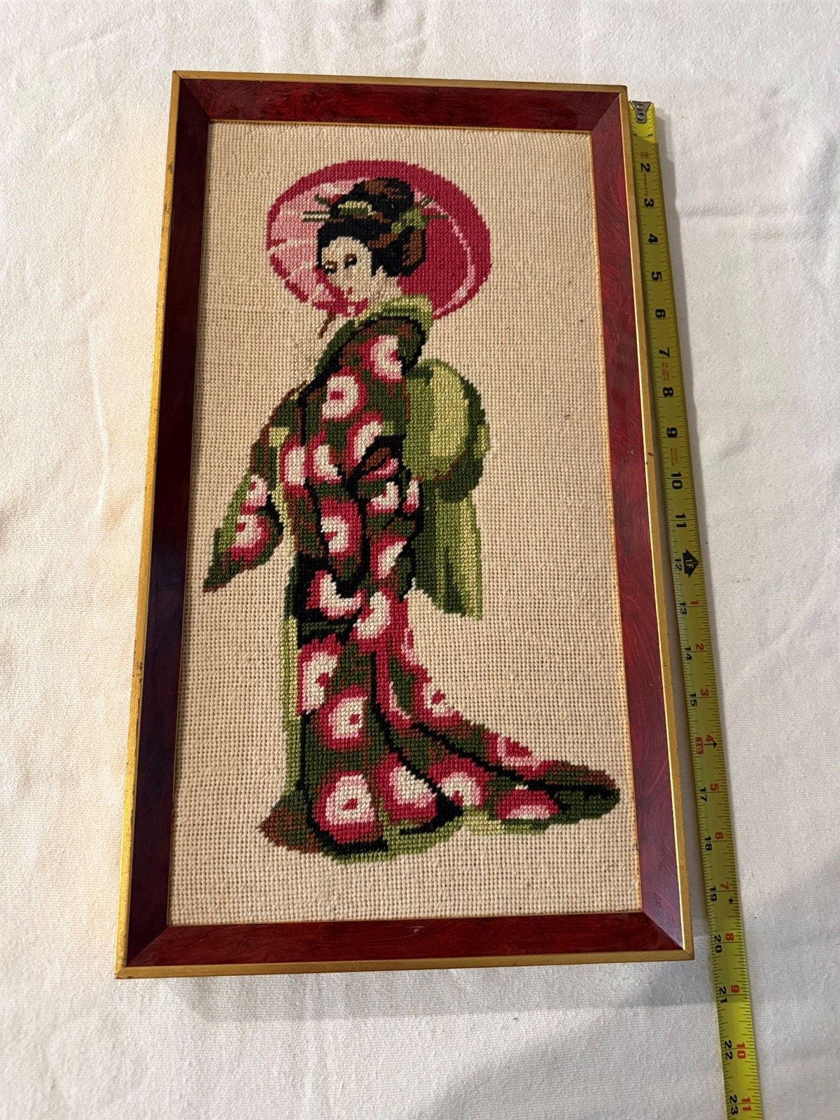 Vintage Framed Needlepoint art Piece 1940s - 1980s Japanese Maiden w Parasol
