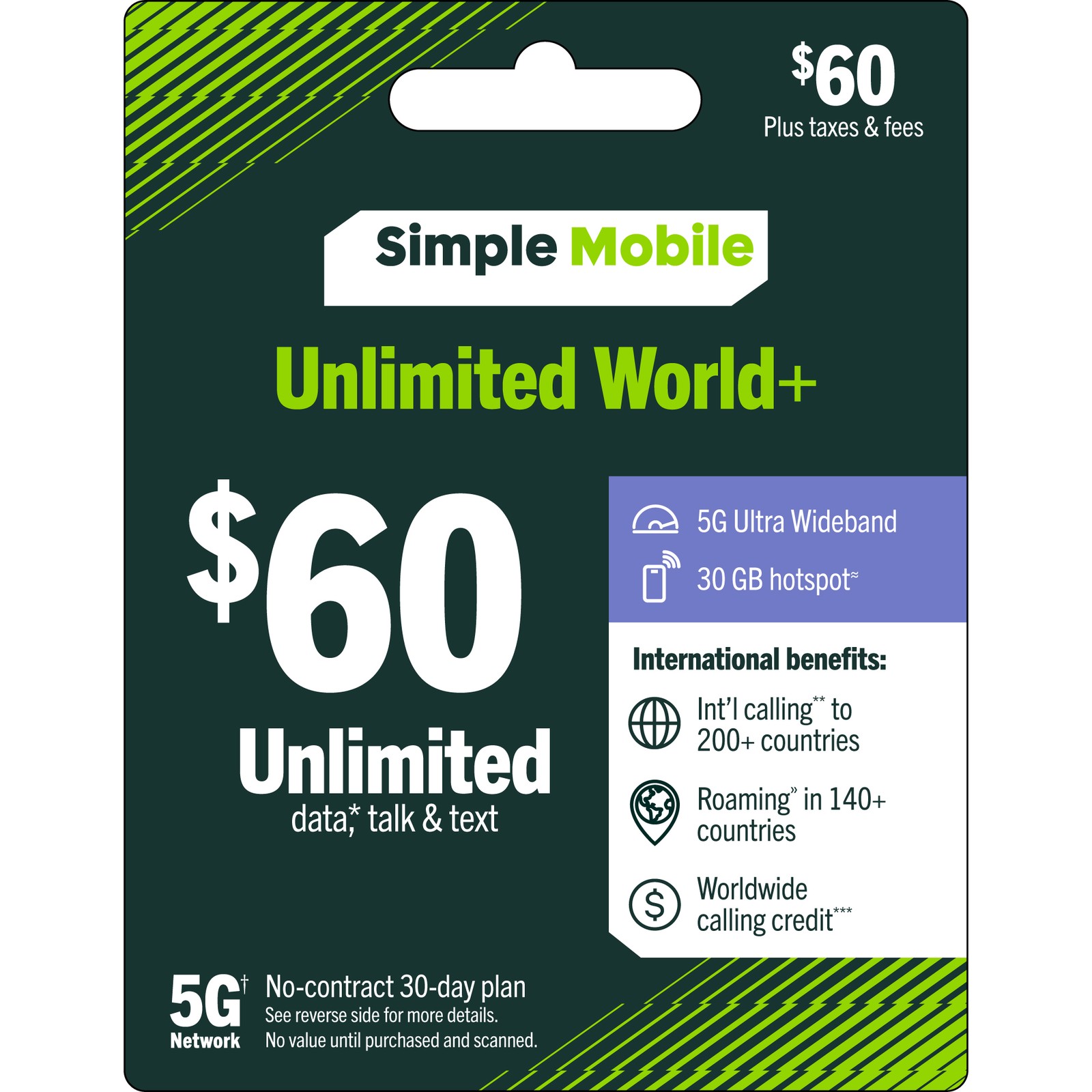 Simple Mobile $60 Prepaid 30-Day Unlimited Plan: Truly Unlimited 5G Data w/