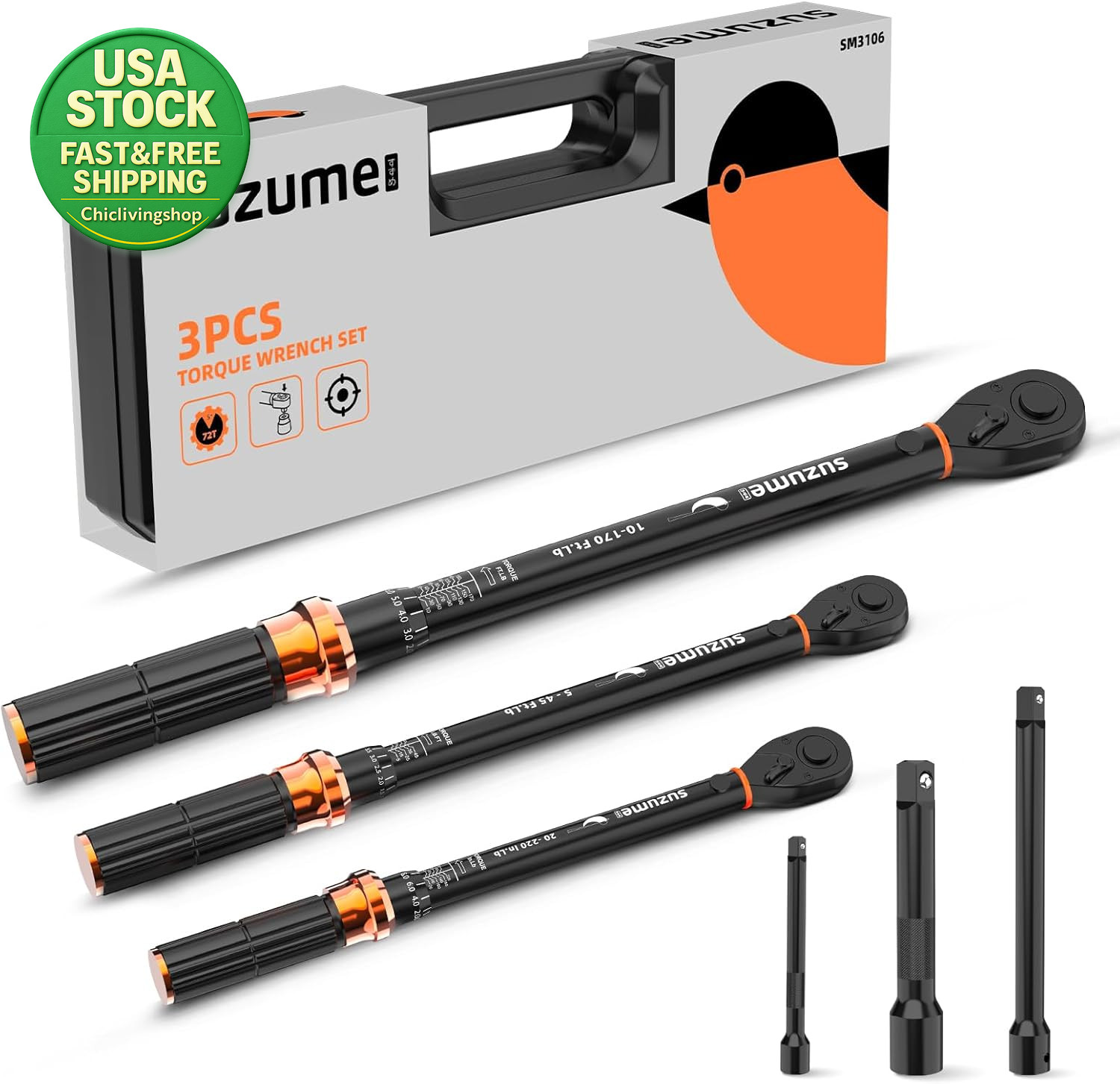 3PCS Torque Wrench Set 72 Teeth Dual-Direction 1 4 3 8 1 2-Inch ±3%
