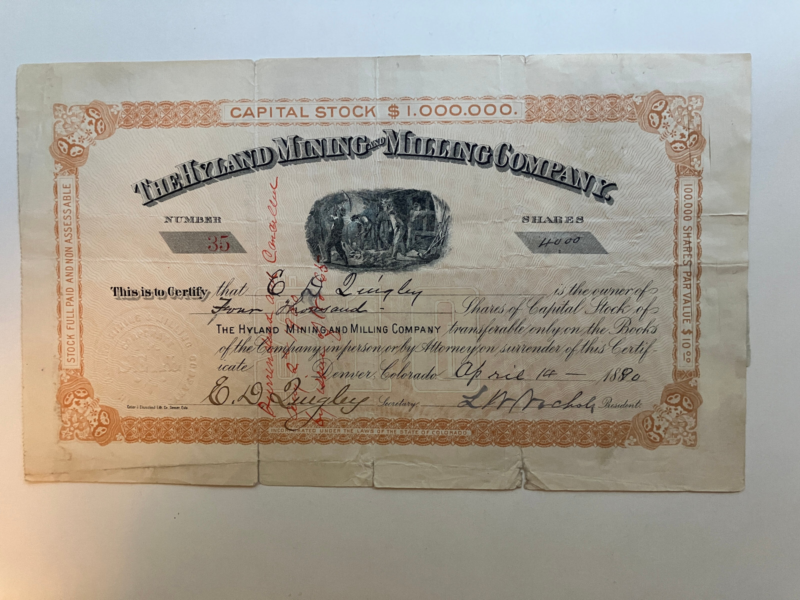 COLORADO HYLAND GOLD SILVER MINING STOCK CERTIFICATE 1890 REVENUE STAMPS