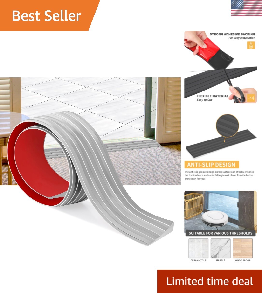 Rubber Door Threshold Ramp Self-Adhesive Rubber Ramp for Door Threshold 2/5 I...