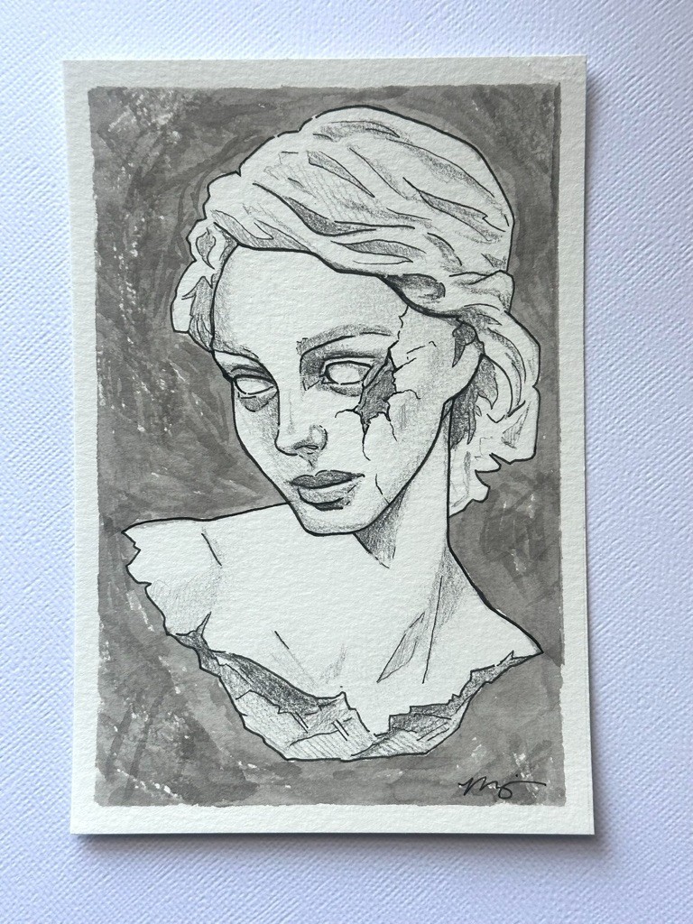 4x6 Original Art, Porcelain Statue Portrait, Ink and Graphite Drawing by madwalk