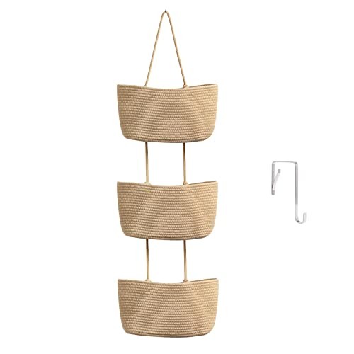  Over the Door Hanging Basket, 3-Tier Woven Cotton Wall-Mounted Storage Jute