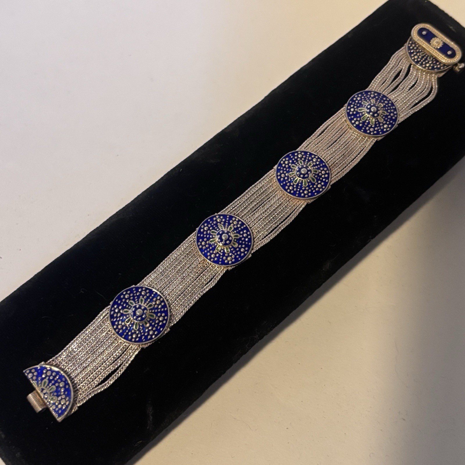 Vtg Sterling Silver Multi Strand Mesh Bracelet Blue Green Enamel Medallions 40g