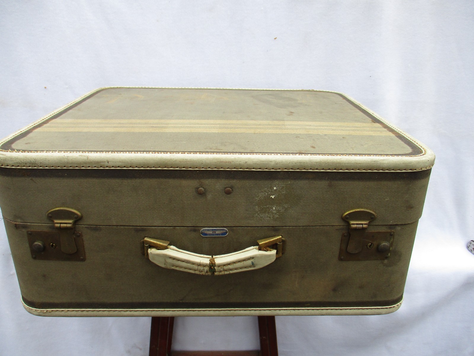 Green/Yellow Tweed Stripe Vintage Leather Suitcase Luggage 21x18x8